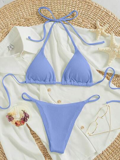 Maillot de bain 2 pièces sexy à bretelles fines et tanga bleu, collection Printemps/Été 2026 pour vacances