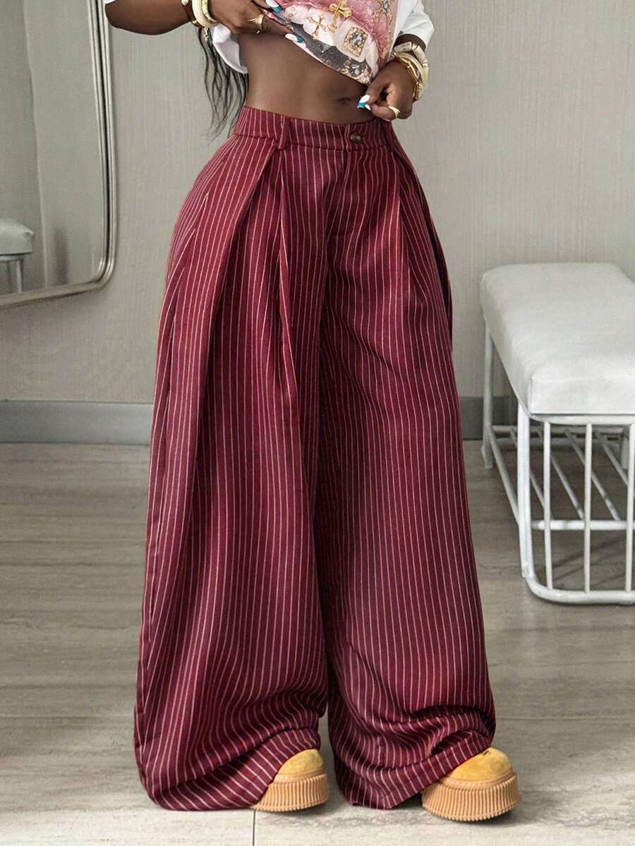 Coolane 女式夏秋酷女孩复古休闲街头装外出超大棕色弧形下摆裤条纹工装裤 - 酒紅色 - 查看 1