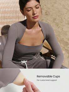 GLOWMODE FeatherFit™ 感觉最佳柔软弹力吸汗加垫腰长拇指孔褶皱长袖上衣瑜伽普拉提工作室日常休闲装 - Volcanic Gray - 查看 3