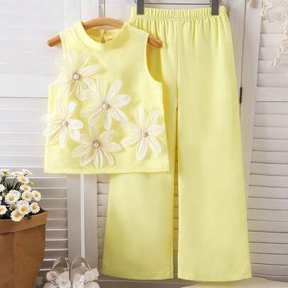 2pcs Girls Floral Print Sleeveless Yellow Top Matched With Loose Casual Pants Fashion Spring/Summer Set Girls Summer Clothes Young Young Girls Sets Su