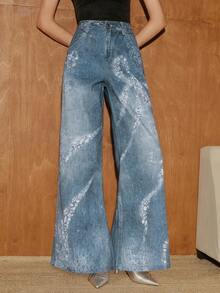Anewsta Celana Jeans Model Flare dengan Motif Rhinestone Imitasi dan Pita untuk Komuter yang Modis - Biru - View 6