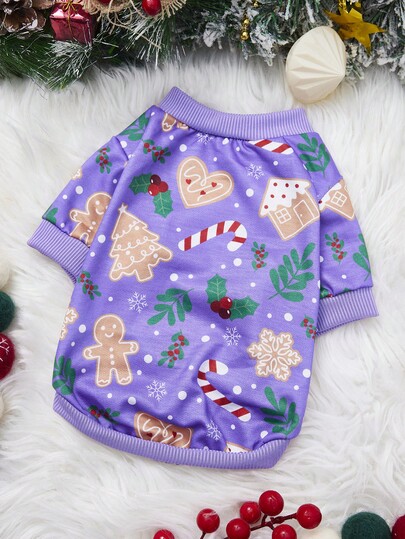 PETSIN 1 pieza Sudadera con capucha de Navidad con estampado de hombre de jengibre, árbol de Navidad y copos de nieve, de color púrpura, ropa para mascotas suave y transpirable