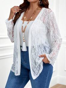 EMERY ROSE Plus Size White Lace Long Sleeve Sun Protection Jacket For Summer,Spring - White - View 4