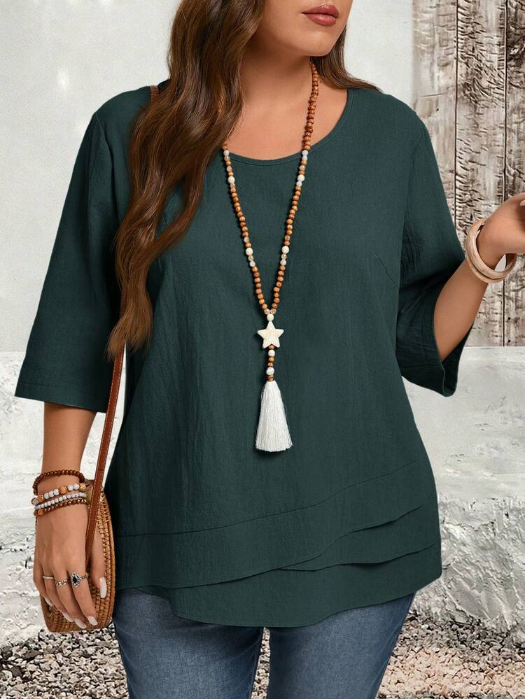 Plus Size Asymmetric Hem Green Country Shirts Fall Clothes