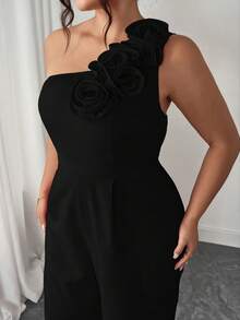 Elenzga 大码夏季时尚法式复古浪漫不对称肩部3D花卉连体裤 - 黑色 - 查看 4