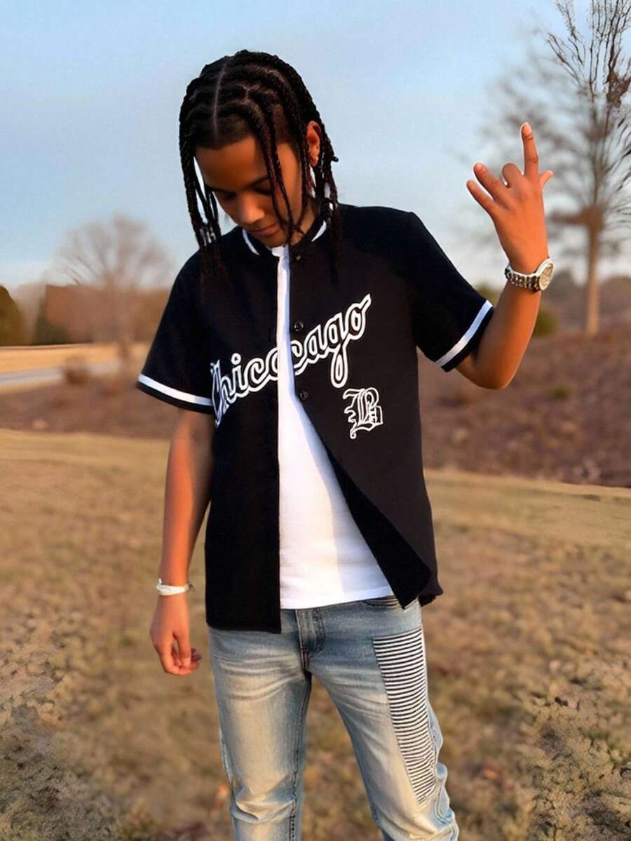 SHEIN 青少年男孩撞色短袖休闲纽扣衬衫，适合日常穿着 - 黑色 - 查看 1