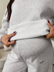 SHEIN 2件套孕妇休闲运动衫和运动裤套装，秋冬 - 灰色 - 查看 7
