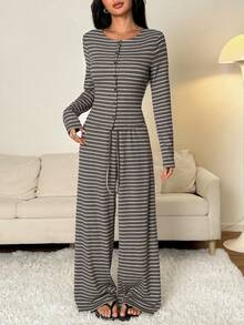 SHEIN EZwear Setelan Dua Potong Lengan Panjang Leher Bulat Bergaris Kasual Ukuran Besar, Setelan Dua Potong Bergaris, Setelan Bergaris Bergaris, Setelan Lengan Panjang Bergaris, Setelan Dua Potong Lengan Panjang - MultiWarna - View 9