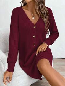 SHEIN LUNE V-Neck Raglan Sleeve Half-Placket Knit Casual Loose Sweater Dress - Burgundy - View 5