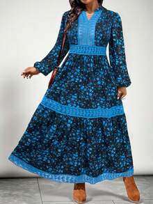 SHEIN VCAY Plus Size Floral Print Long Sleeve Patchwork Dress - Black - View 5