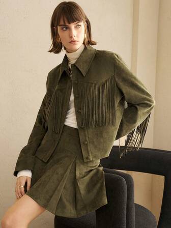 Arave Conjunto de chaqueta y falda con diseño de flecos vintage elegante y de moda para mujer, otoño