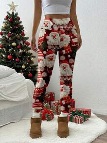 SHEIN EZwear 圣诞圣诞老人印花休闲针织紧身女式长款打底裤 - 彩色 - 查看 7