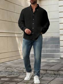 Manfinity Homme Plus Size Men's Solid Color Casual Long Sleeve Shirt - Black - View 6