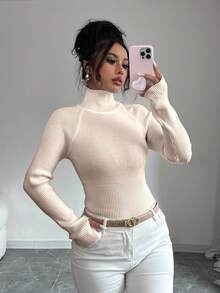 SHEIN Raffinéa Y2K 优雅户外针织套头衫，适合通勤、度假和日常穿着 - 杏色 - 查看 3