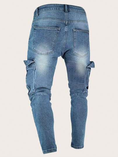 Manfinity Roughcore Jeans Skinny en coton pour homme avec poche latérale, jean cargo ample et long lavé en bleu foncé pour une sortie mode rappet