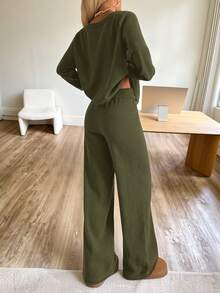 CovetEZ Set di maglione e pantaloni in maglia a tinta unita, con spalla obliqua, casual per donna - Verde militare - Visualizzare 2
