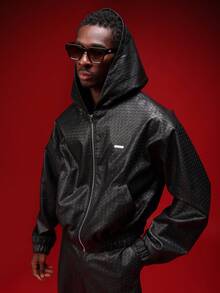 SUMWON 常规款男士仿皮连帽拉链夹克，仿皮外套，格子图案，休闲款 - 黑色 - 查看 5