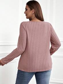 Miaspire Plus Size Women's Solid Color V-Neck Long Sleeve Hollow Out T-Shirt, For Autumn & Winter