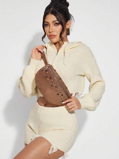 SHEIN SXY 女士，胸包，腰包，单肩包，金色，银色，枪色，黑色，铆钉，绒面革，酷炫，复古，时尚，街头，简约，个性，多功能，适合约会，日常，购物，下午茶