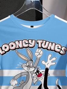 LOONEY TUNES X SHEIN Women's Casual Sports Style Cartoon Letter & Striped Print Short Sleeve T-Shirt, Summer