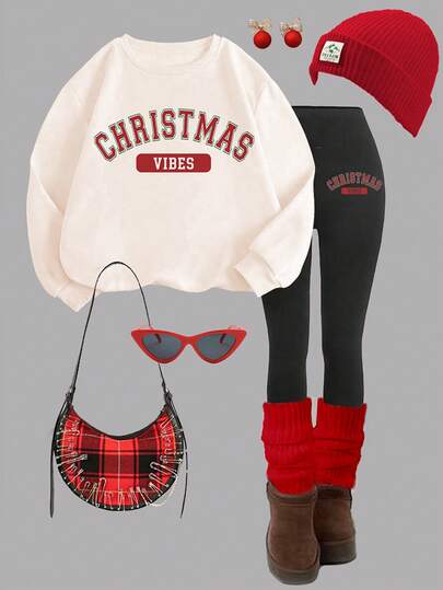 SHEIN Girlism Christmas Series, Light Apricot & Vintage Wine Red Christmas Vibes Letter Print, Teen Girl Casual Thick Soft Comfortable Long Sleeve Crew Neck Sweatshirt And Leggings 2-Piece Set, Suitable For Autumn/Winter Daily Wear, Christmas Party, New Year, Street Style, Home
