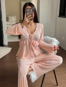 DAZY Women's Romantic Ruffle Trim Waist Knit Pajama Set, Autumn, Winter Clothes - Pink - View 4