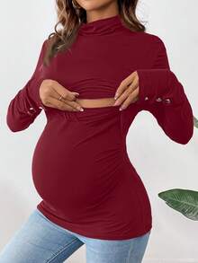 SHEIN Casual Solid Color Stand Collar Long Sleeve Nursing Top Maternity Tee - Burgundy - View 5