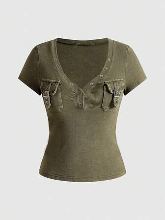 Grunge Punk Vintage T-shirt corta a maniche corte da donna in maglia con tasche, effetto vissuto, a tinta unita nero e grigio spruzzato