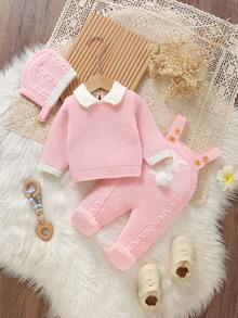 SHEIN 1 套淡蓝色毛衣套装，长袖高领毛衣，兔子背带裤连体衣，带帽子，3 件 - 淺粉色 - 查看 3