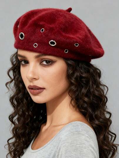 Grunge Punk 1pc Punk Style Circular Hollow Rivet Beret Hat, Y2K Round Pendant Newsboy Cap, Daily Personalized Fashion Item