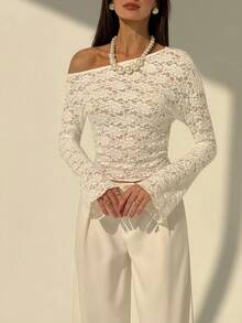 Aloruh 白色性感不对称露肩喇叭袖薄纱上衣，适合女士，秋冬季、情人节、夏季假期、生日、外出、度假穿着。 - 白色 - 查看 6