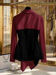 GlowEve CURVE Camisa Assimétrica de Manga Longa Elegante com Bloco de Cores, Plus Size - Vinho - Visão 2