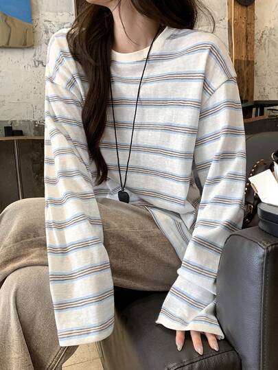 DAZY 条纹宽松落肩长袖圆领女士休闲T恤