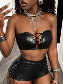 BamGleam Sexy Damen PU Leder Crop Top mit Kreuz-Design - Schwarz - Übersicht 5