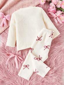 SHEIN 2pcs Baby Girls' Plush Butterfly Print Long Sleeve Top And Pants Pajama Set - Multicolor - View 2