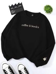 INAWLY Women's Letter Embroidered Crew Neck Loose Fit Casual Sweatshirt - Black - View 6