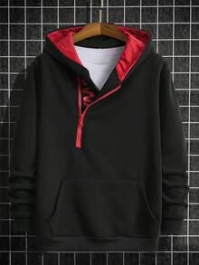 Manfinity Homme 男士休闲日常通勤字母印花半拉链前袋连帽卫衣，拉链连帽衫，休闲男士连帽衫套头衫，正装拉链卫衣和连帽衫，黑色男士连帽衫，长袖上衣 - 黑色 - 查看 4