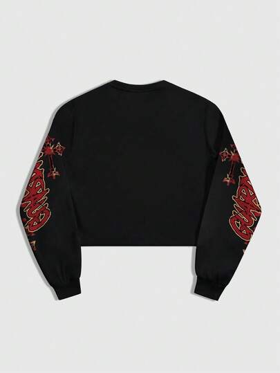 Sweat-shirt-shirt court col rond noir pour hommes avec graphique sombre d'anime, automne/hiver