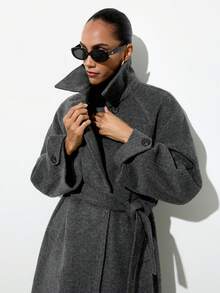 Maija 女士纯色插肩袖腰带设计休闲外套，秋冬款 - 灰色 - 查看 2