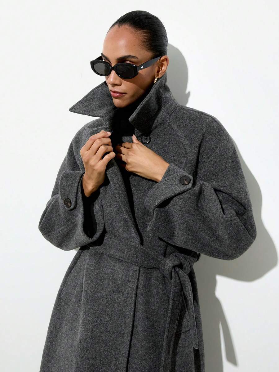 Maija 女士纯色插肩袖腰带设计休闲外套，秋冬款