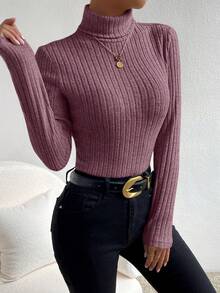 SHEIN Frenchy 长袖高领纹理面料 T 恤 - 中紫紅色 - 查看 3