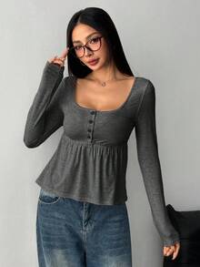 SHEIN EZwear 女式简约休闲深灰色长袖方领T恤，秋季 - 深灰色 - 查看 4