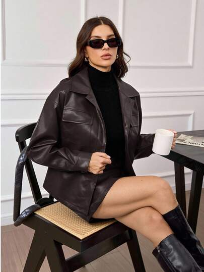 SHEIN Tall 2pcs/Set Women Solid Color Front Button Long Sleeve Pocket Blouse And A-Line Skirt Brown Leather,Elegant Dress Women,Thanksgiving Outfit For Women,Christmas Women's Clothing,Brown Leather Jacket Suit For Autumn And Winter: Elegant And Sophisticated, Perfect For Parties, Casual Yet Stylish, Suitable For Commuting, Versatile And Flattering, Slimming, Upgraded Version, Vintage Style, Ideal For The Workplace.