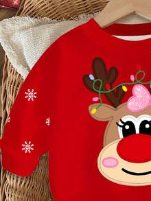 SHEIN Baby Girl Christmas Rudolph Reindeer Pullover Sweatshirt,Multicolor,Autumn,Cute Modest,Matching Family,Snowflake Pattern Loose Fit Cozy Knit Top - Multicolor - View 6
