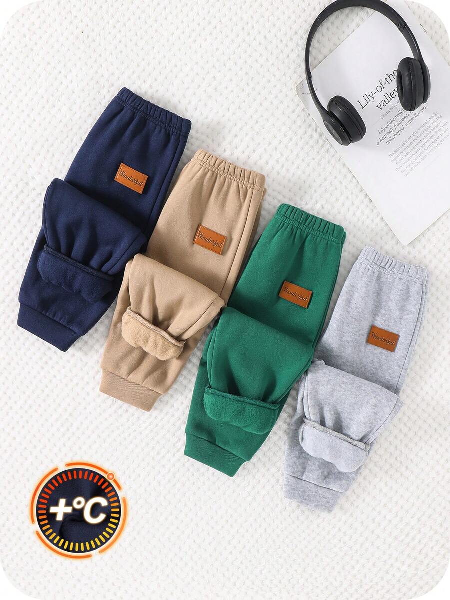 SHEIN 4 件套男童/女童休闲可爱百搭纯色加厚羊毛松紧腰慢跑裤，百搭多件装运动裤 - 彩色 - 查看 1