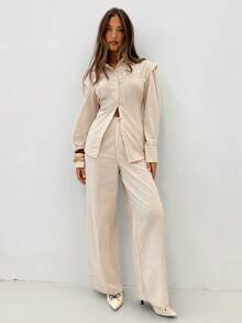 Siren Gaze Women's Casual 100% Cotton Drop Shoulder Long Sleeve Button Front Shirt Set, Autumn/Winter Linen Two Piece Set,Stylish And Casual Two-Piece Set - Apricot - View 4
