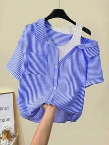 SHEIN LUNE 女式休闲条纹插肩短袖纹理蓝白衬衫，夏季 - 寶藍色 - 查看 3