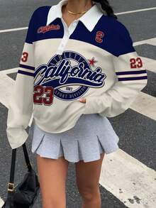 SHEIN EZwear 复古风复古运动数字 23 和字母印花拼色女式长袖 Polo 衫，适合秋冬季、复古、性感、可爱、Y2K、椰子女孩、波西米亚风、嬉皮士风格、音乐节 - 彩色 - 查看 3