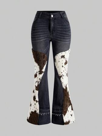 Hippie Damen Y2K Jeans mit tiefer Taille, Kuhflecken-Patchwork und weitem Bein