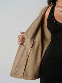 TRNVIE 一件卡其色围巾披肩V领宽松直筒袖外套，休闲、通勤、休闲、时尚女装，冬季 - 卡其色 - 查看 8